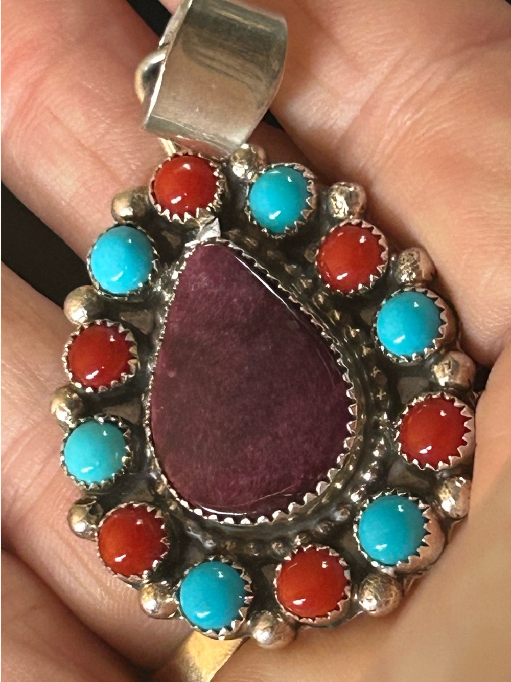 Native Purple Spiny Oyster,Coral,Turquoise Cluster Pendant.Signed Sheila Becenti